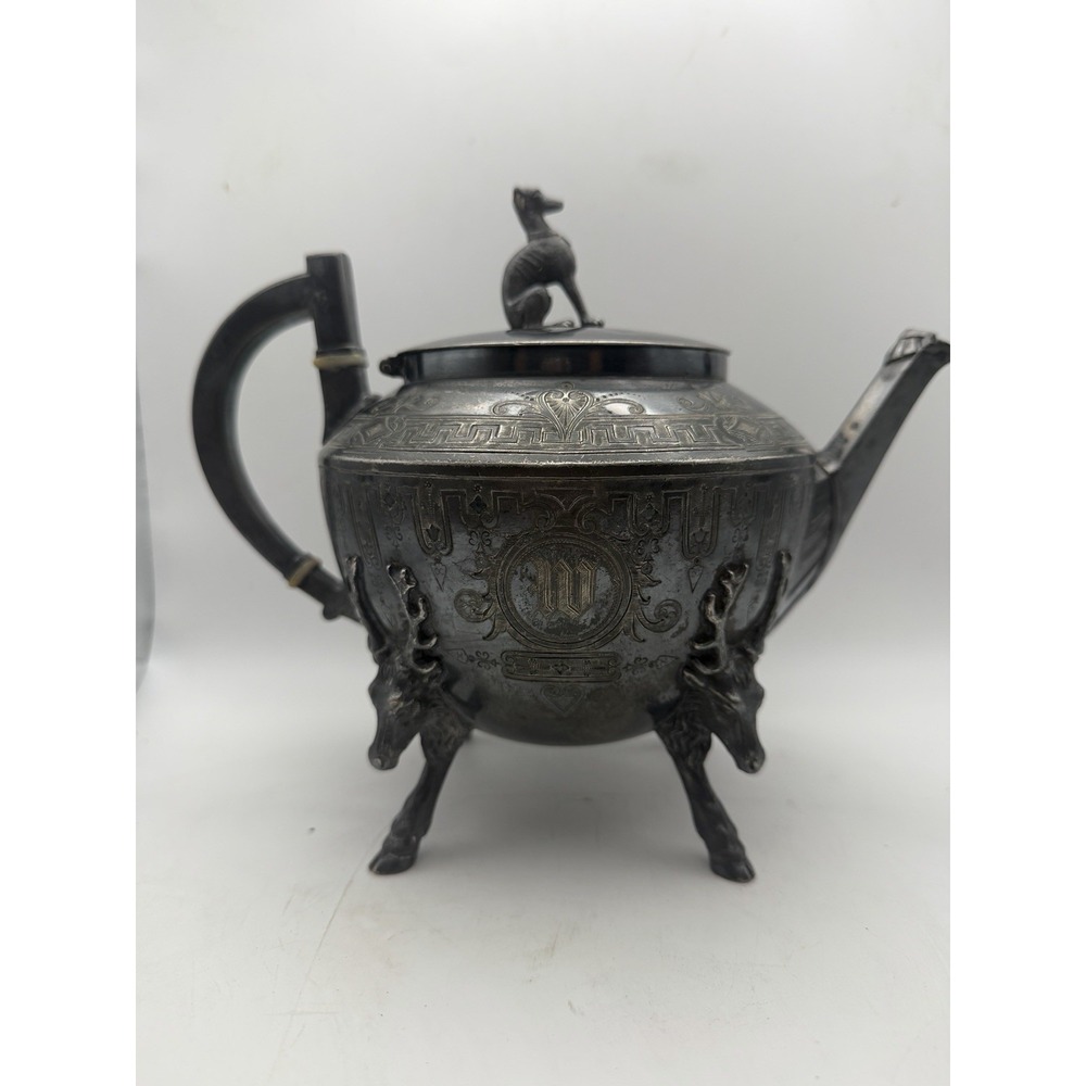 Antique Wilcox Silver Plate Teapot #1874 Stag Deer Legs Hound Dog Finial